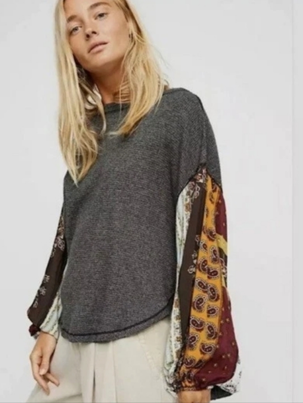 Free People We The Free Oversized Gray Waffle Knit Top With Balloon Sleeves - Picture 3 of 9